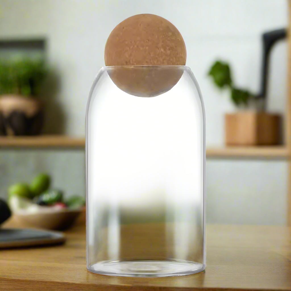 Borosilicate Glass Food Storage Jar - 800ml Cylinder Container with Wooden Ball Stopper