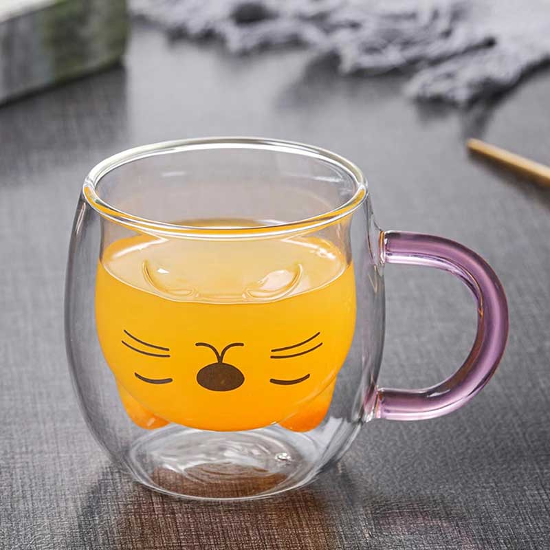 Cute Animal Cat Design Double Wall Glass Cup – High Borosilicate Coffee, Tea, and Water Mug