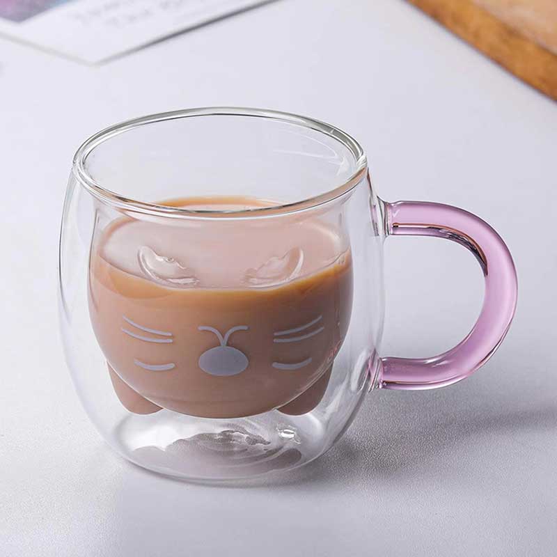 Cute Animal Cat Design Double Wall Glass Cup – High Borosilicate Coffee, Tea, and Water Mug