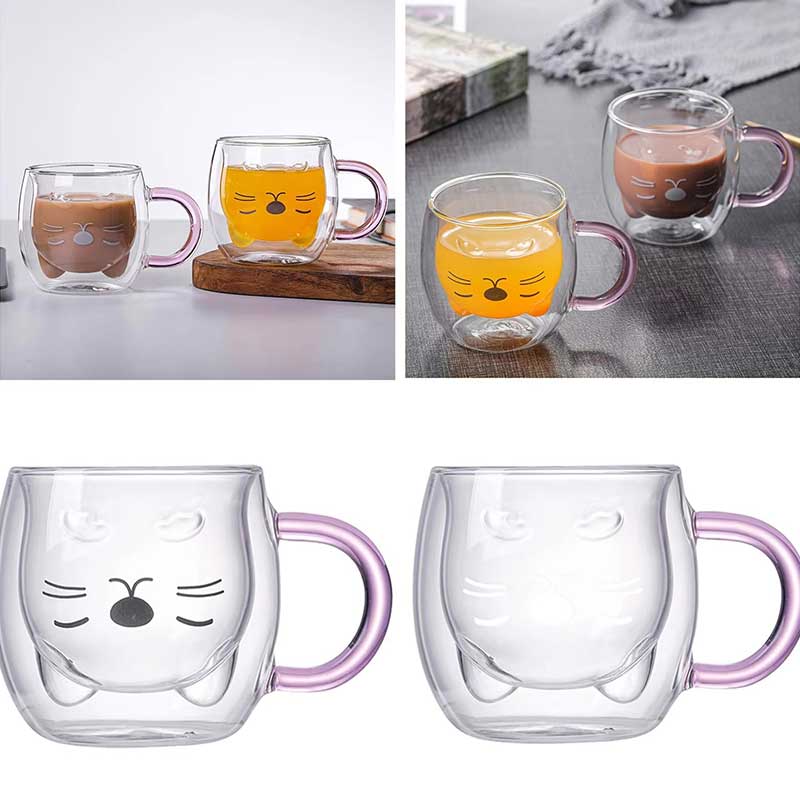 Cute Animal Cat Design Double Wall Glass Cup – High Borosilicate Coffee, Tea, and Water Mug