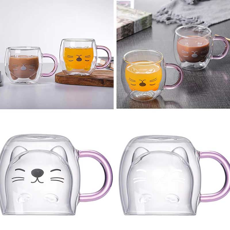 Cute Animal Cat Design Double Wall Glass Cup – High Borosilicate Coffee, Tea, and Water Mug