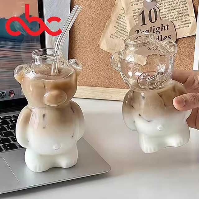 Cute Teddy Bear Shaped Glass Coffee Cup – Cartoon Juice & Milk Tea Mug for Café, Restaurant, and Home Use