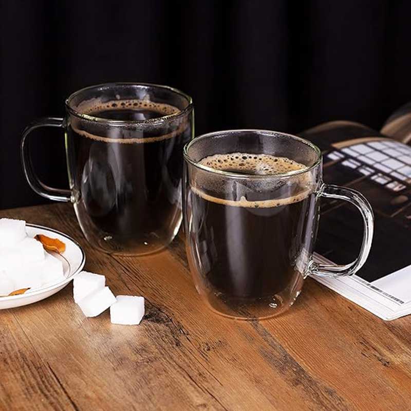 Double Wall Borosilicate Glass Coffee Mug with Handle – Insulated Clear Tea & Coffee Cup Gift Set