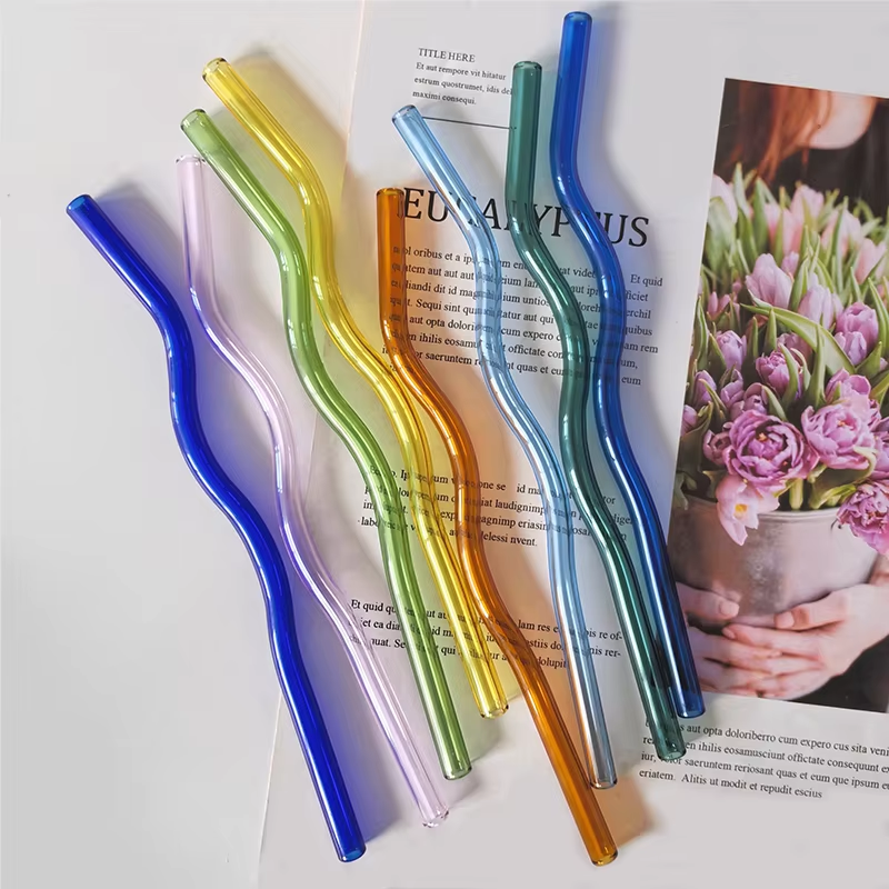Wavy Bent Reusable Glass Straws – Set of 4 (Light Blue, Red, Green, Yellow) + Cleaning Brush