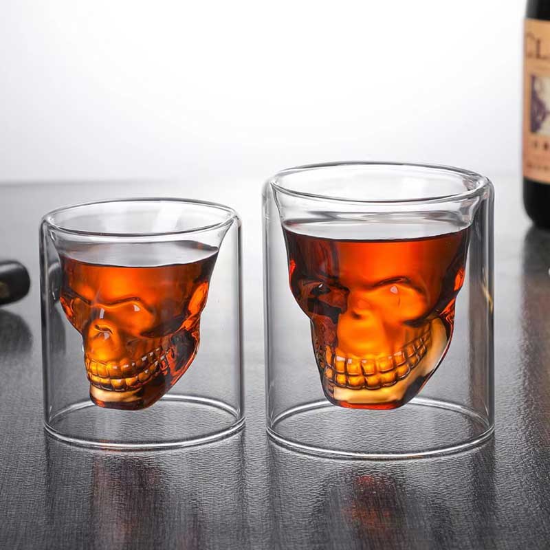 Handmade Double Wall Skull Head Glass – Skeleton Shaped Crystal Whiskey and Shot Glass for Bar or Party Use