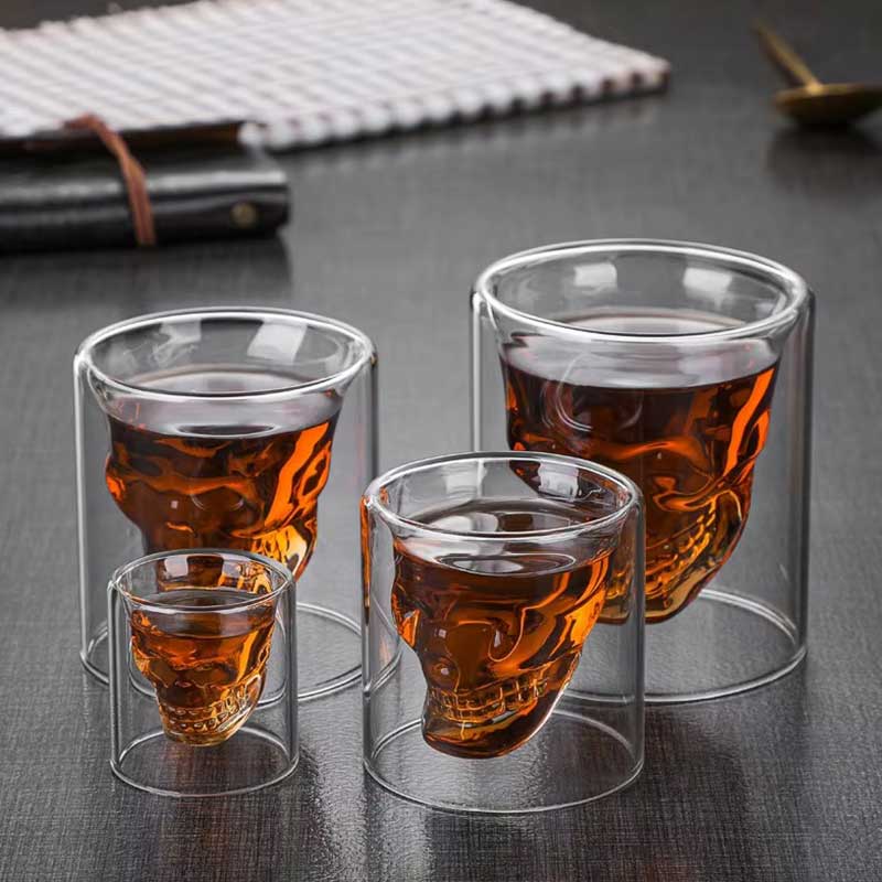 Handmade Double Wall Skull Head Glass – Skeleton Shaped Crystal Whiskey and Shot Glass for Bar or Party Use