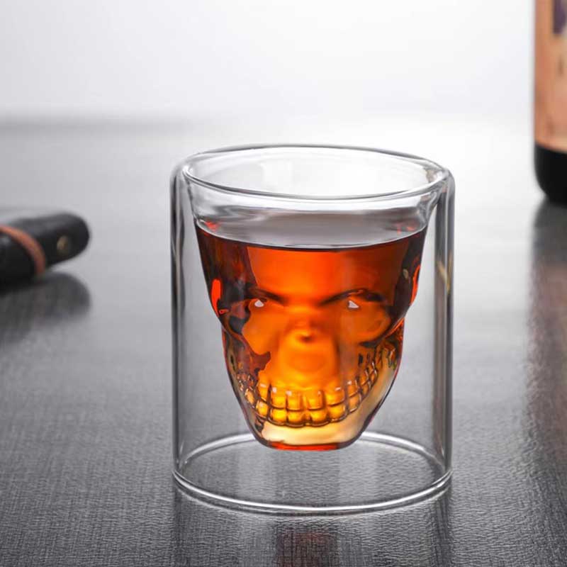 Handmade Double Wall Skull Head Glass – Skeleton Shaped Crystal Whiskey and Shot Glass for Bar or Party Use