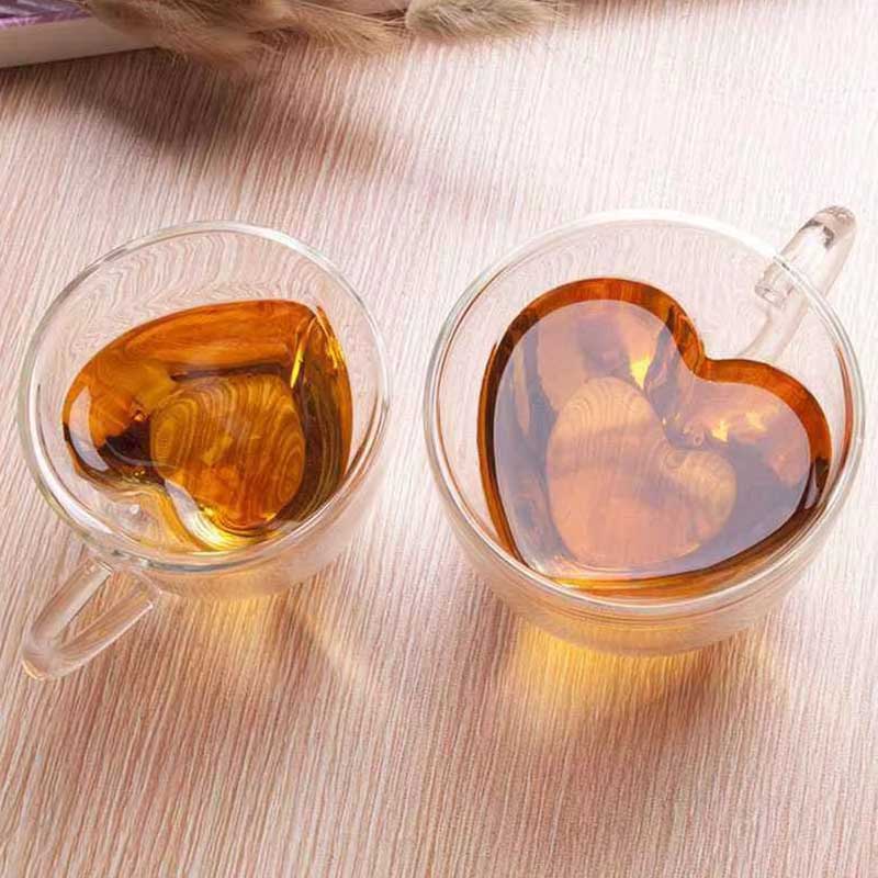 Heart-Shaped Double Wall Glass Mug – Double Layer Love Heart Tea, Milk, and Juice Cup