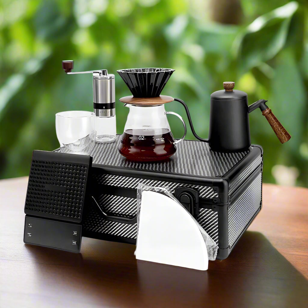 Premium Portable V60 Travel Coffee Set – Luxury Outdoor Brewing Kit with Grinder, Kettle, Dripper, Filter, Scale & Double-Wall Glass Cup