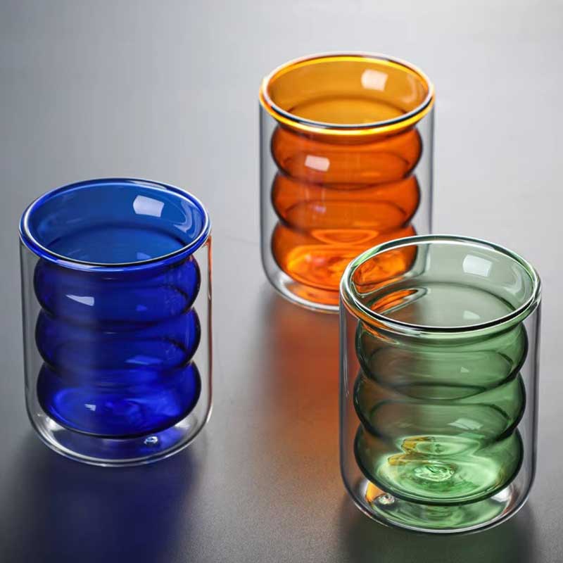 Rippled Double Layer Heat Resistant Glass Cup – Borosilicate Glass with Colorful Liner for Coffee or Candle Use