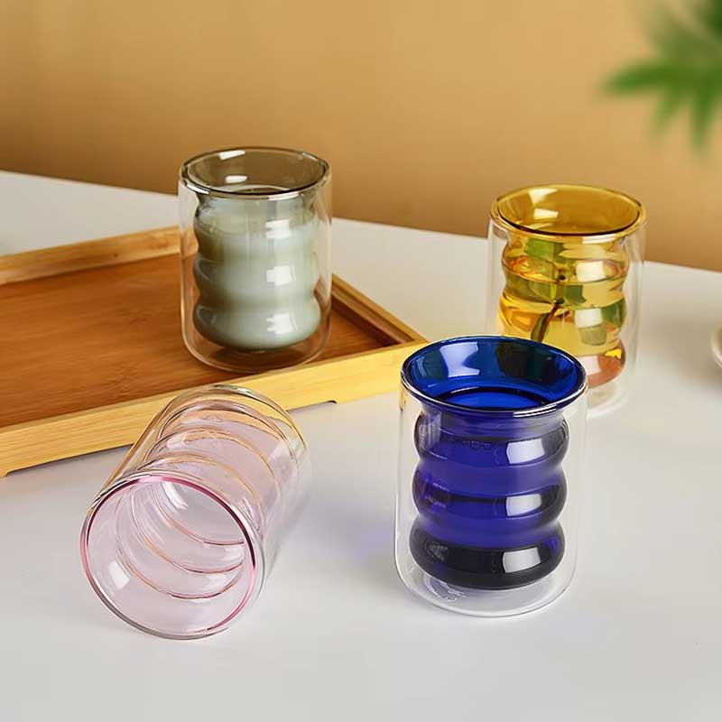 Rippled Double Layer Heat Resistant Glass Cup – Borosilicate Glass with Colorful Liner for Coffee or Candle Use