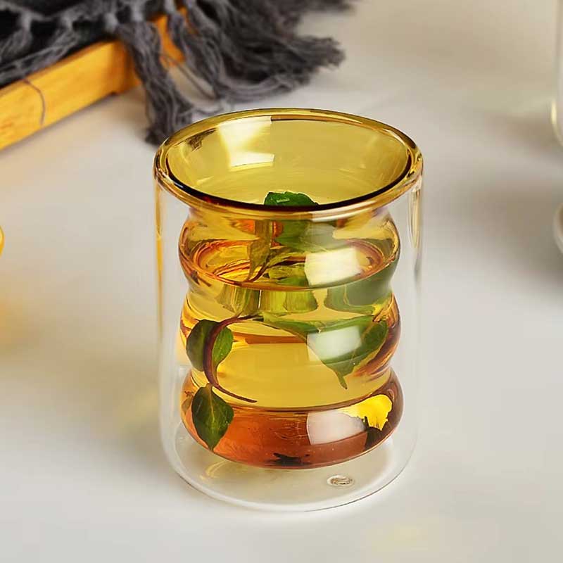 Rippled Double Layer Heat Resistant Glass Cup – Borosilicate Glass with Colorful Liner for Coffee or Candle Use