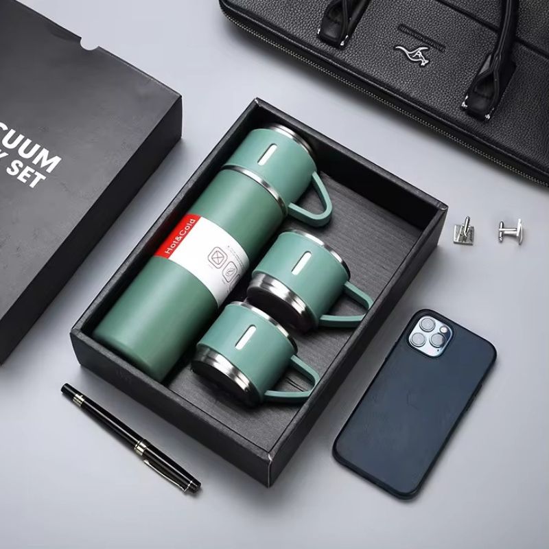Premium Vacuum Insulated Bottle & Mug Gift Set – Stainless Steel Thermos with 3 Interchangeable Lids
