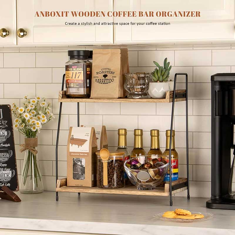 2 Tier Bamboo Coffee Station Organizer Shelf
