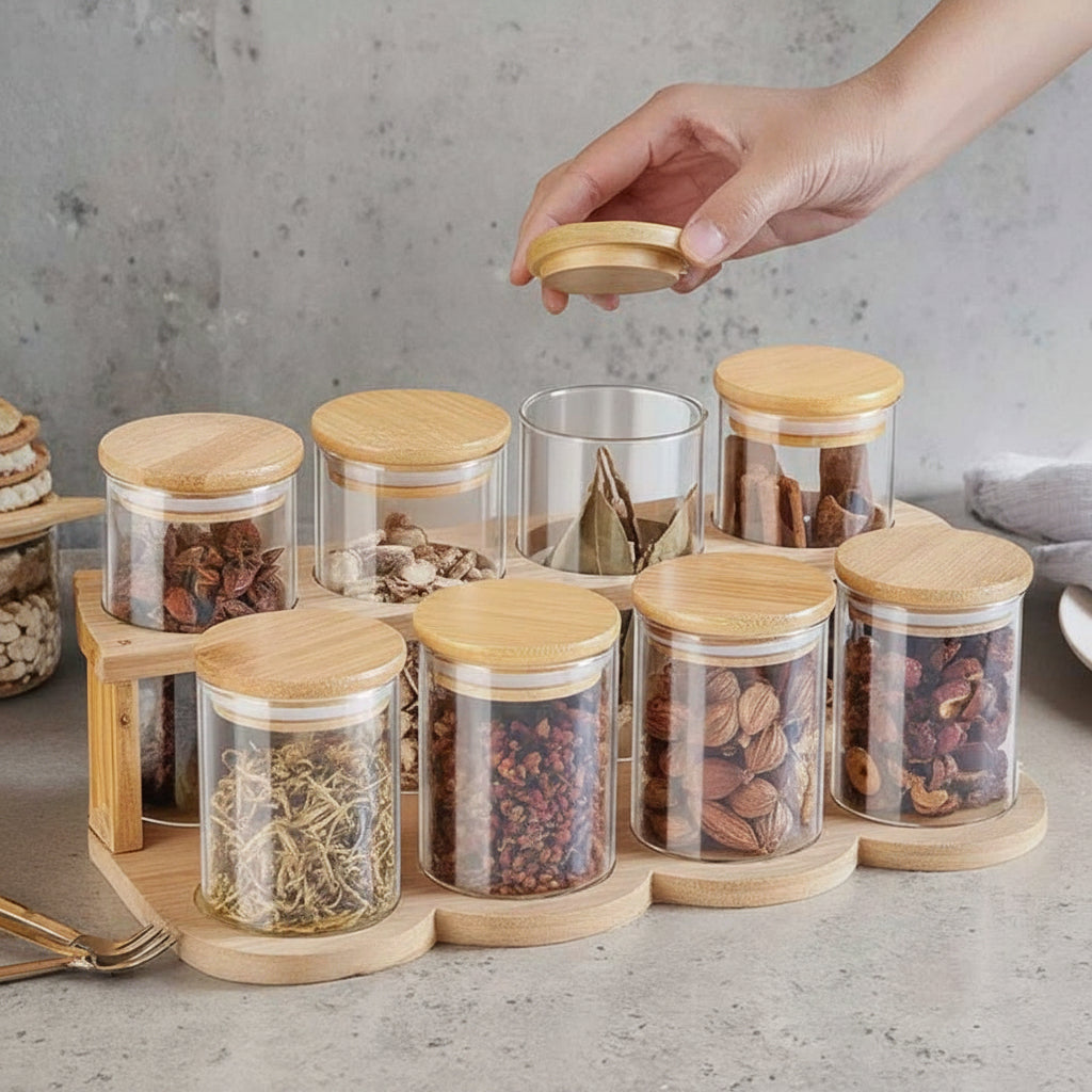 Airtight Glass Coffee Storage Jar Set – Borosilicate Canisters with Bamboo Lids (240ml Each)
