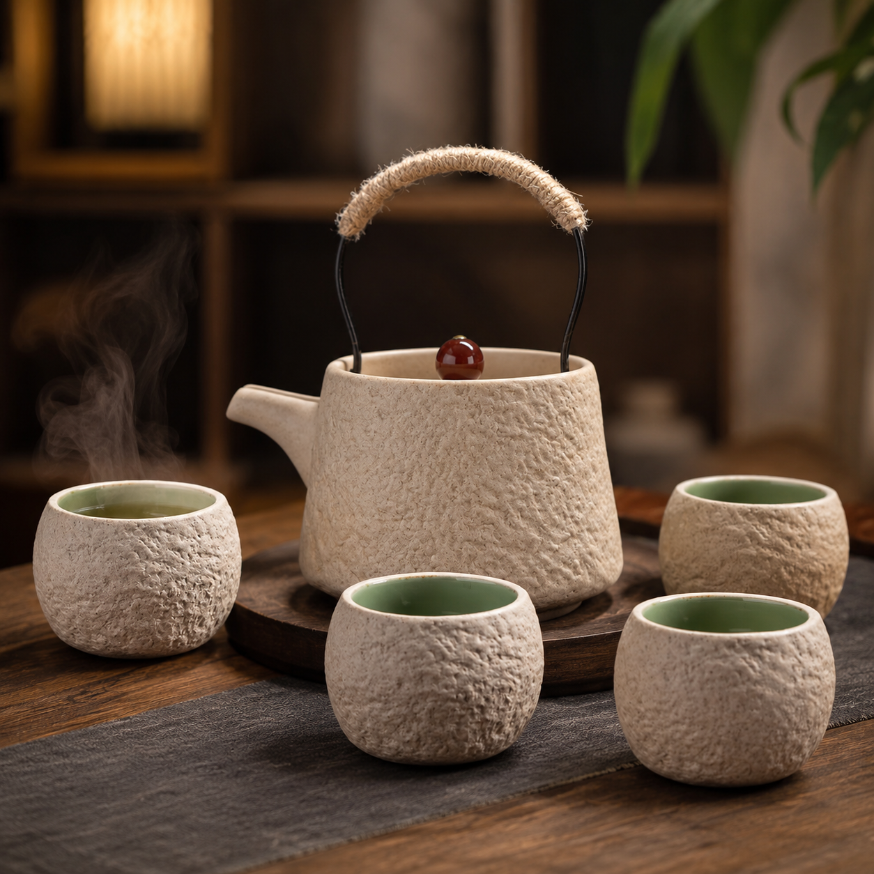Japanese Handcrafted Stoneware Tea Set - Teapot with 4 Cups