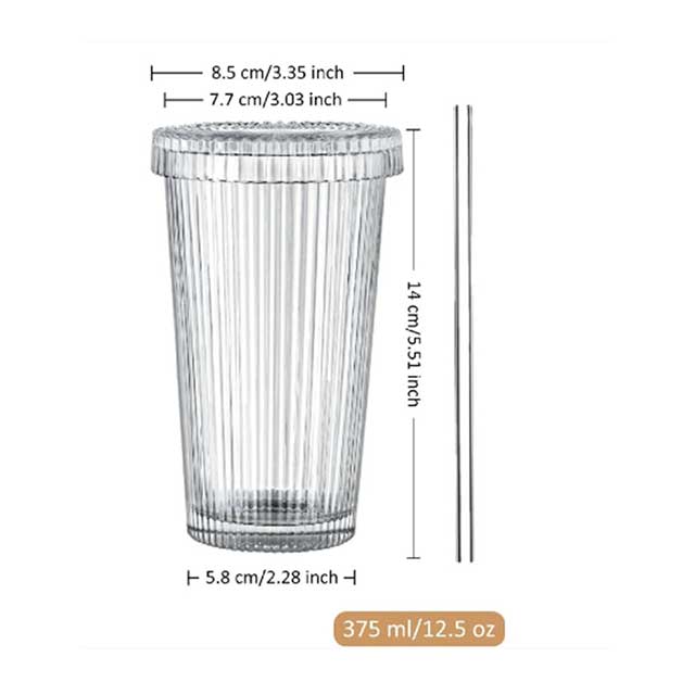 375ml Transparent Glass Iced Coffee Cup with Lid & Straw – Ribbed Vertical Stripes – Reusable Festival Drinkware for Adults
