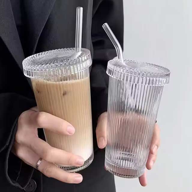 375ml Transparent Glass Iced Coffee Cup with Lid & Straw – Ribbed Vertical Stripes – Reusable Festival Drinkware for Adults