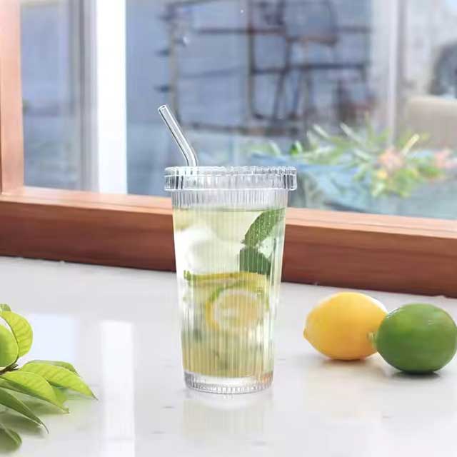 375ml Transparent Glass Iced Coffee Cup with Lid & Straw – Ribbed Vertical Stripes – Reusable Festival Drinkware for Adults