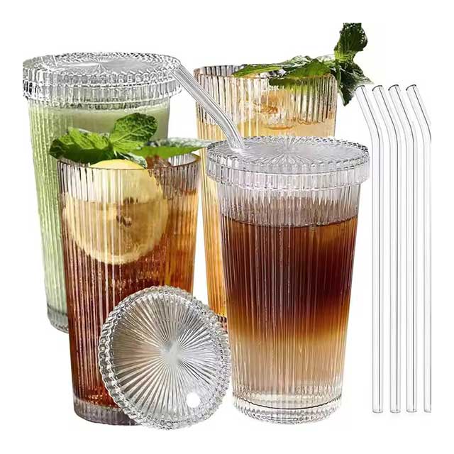 375ml Transparent Glass Iced Coffee Cup with Lid & Straw – Ribbed Vertical Stripes – Reusable Festival Drinkware for Adults