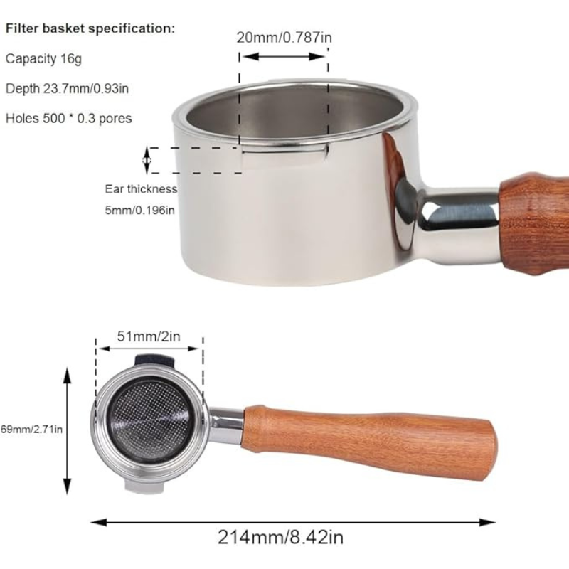 51mm Bottomless Portafilter – E61 Compatible Stainless Steel with Wooden Handle for Delonghi Espresso Machines