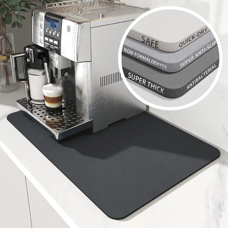Absorbent Coffee Dish Drying Mat – 40×50cm Rubber Backed Kitchen Counter Mat with Hidden Stain Design