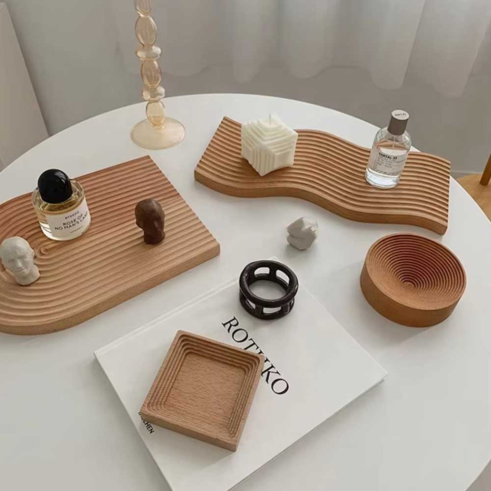 Acacia Wood Engraved Serving Tray Set