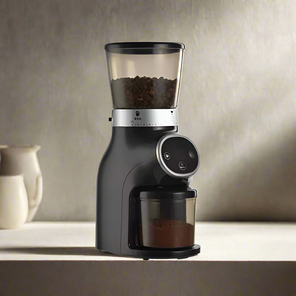 Italian Stainless Steel Electric Coffee Grinder – Portable Conical Burr Design with Adjustable Grind Settings & Digital LED Panel
