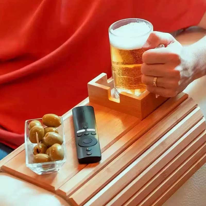 Bamboo Sofa Arm Tray with Cup Holder – Coffee & Snack Couch Organizer