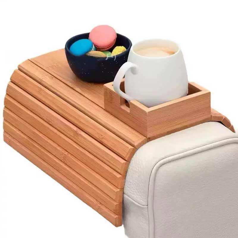 Bamboo Sofa Arm Tray with Cup Holder – Coffee & Snack Couch Organizer