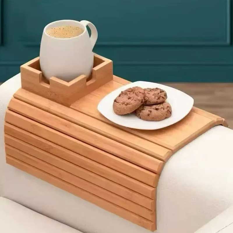 Bamboo Sofa Arm Tray with Cup Holder – Coffee & Snack Couch Organizer