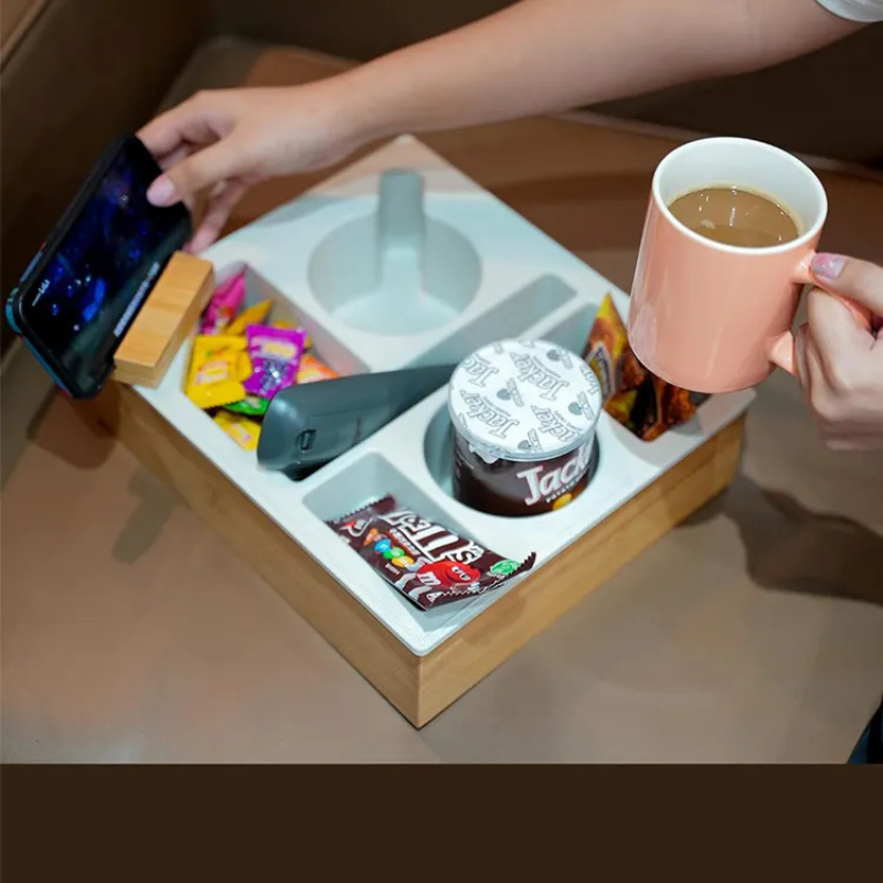 Bamboo Couch Cup Holder Tray – Sofa Armrest Organizer with Snack and Drink Coasters