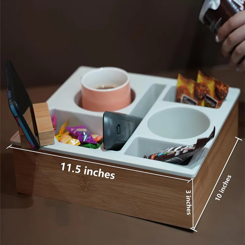 Bamboo Couch Cup Holder Tray – Sofa Armrest Organizer with Snack and Drink Coasters