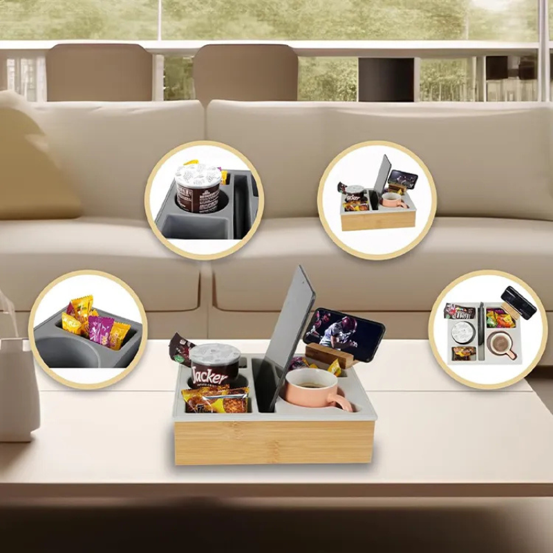 Bamboo Couch Cup Holder Tray – Sofa Armrest Organizer with Snack and Drink Coasters

