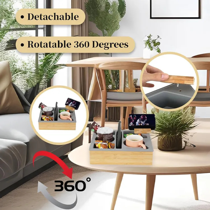 Bamboo Couch Cup Holder Tray – Sofa Armrest Organizer with Snack and Drink Coasters