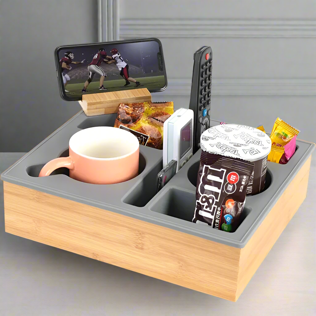Bamboo Couch Cup Holder Tray – Sofa Armrest Organizer with Snack and Drink Coasters