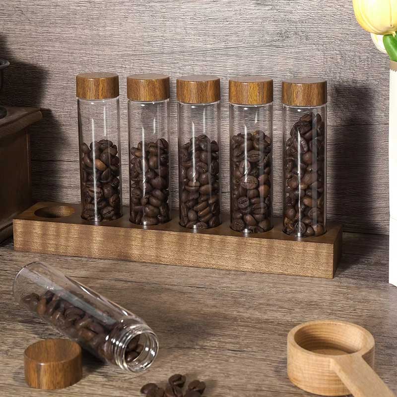 Borosilicate Glass Coffee Bean Storage Tubes with Wooden Stand