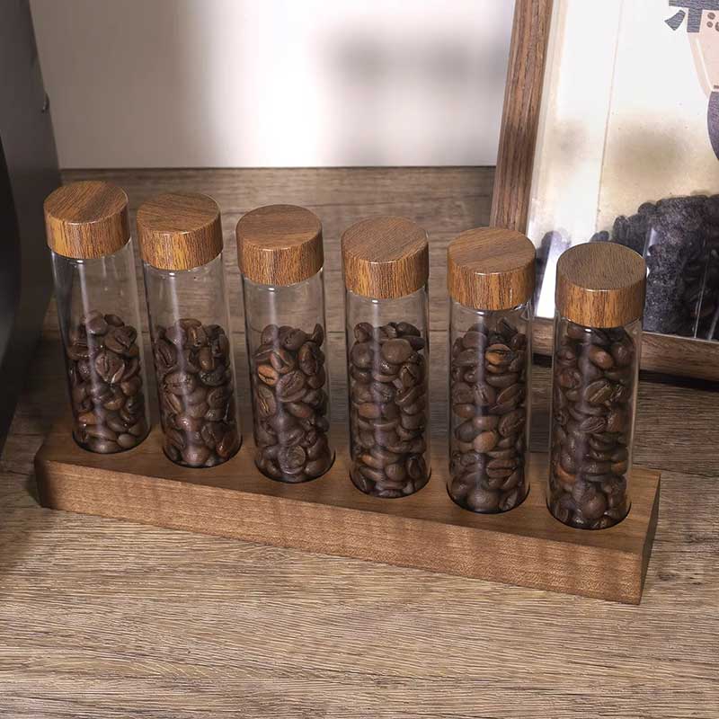 Borosilicate Glass Coffee Bean Storage Tubes with Wooden Stand