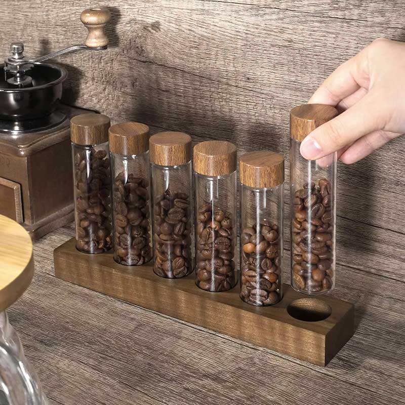 Borosilicate Glass Coffee Bean Storage Tubes with Wooden Stand