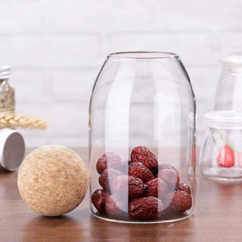 Borosilicate Glass Food Storage Jar - 800ml Cylinder Container with Wooden Ball Stopper