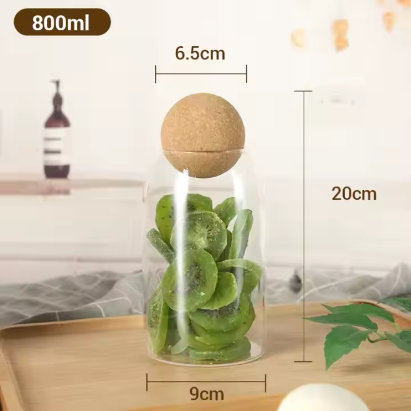 Borosilicate Glass Food Storage Jar - 800ml Cylinder Container with Wooden Ball Stopper
