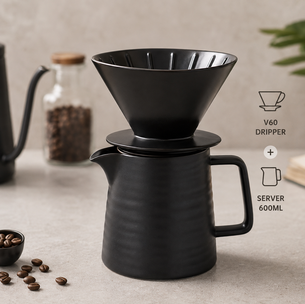Ceramic V60 Pour Over Coffee Set | Coffee Dripper & Server - Black