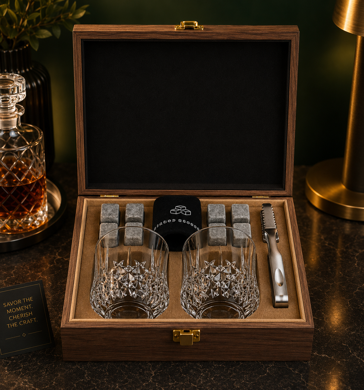 Whiskey Gift Set with Glasses & Stones | Wooden Box