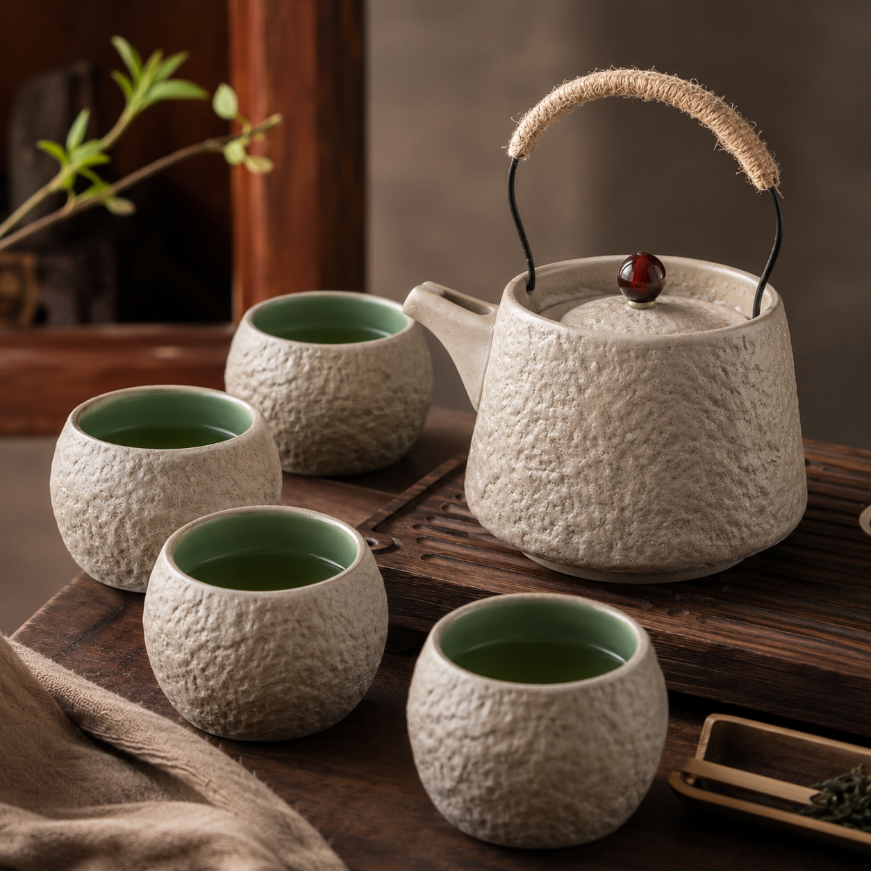 Japanese Handcrafted Stoneware Tea Set - Teapot with 4 Cups