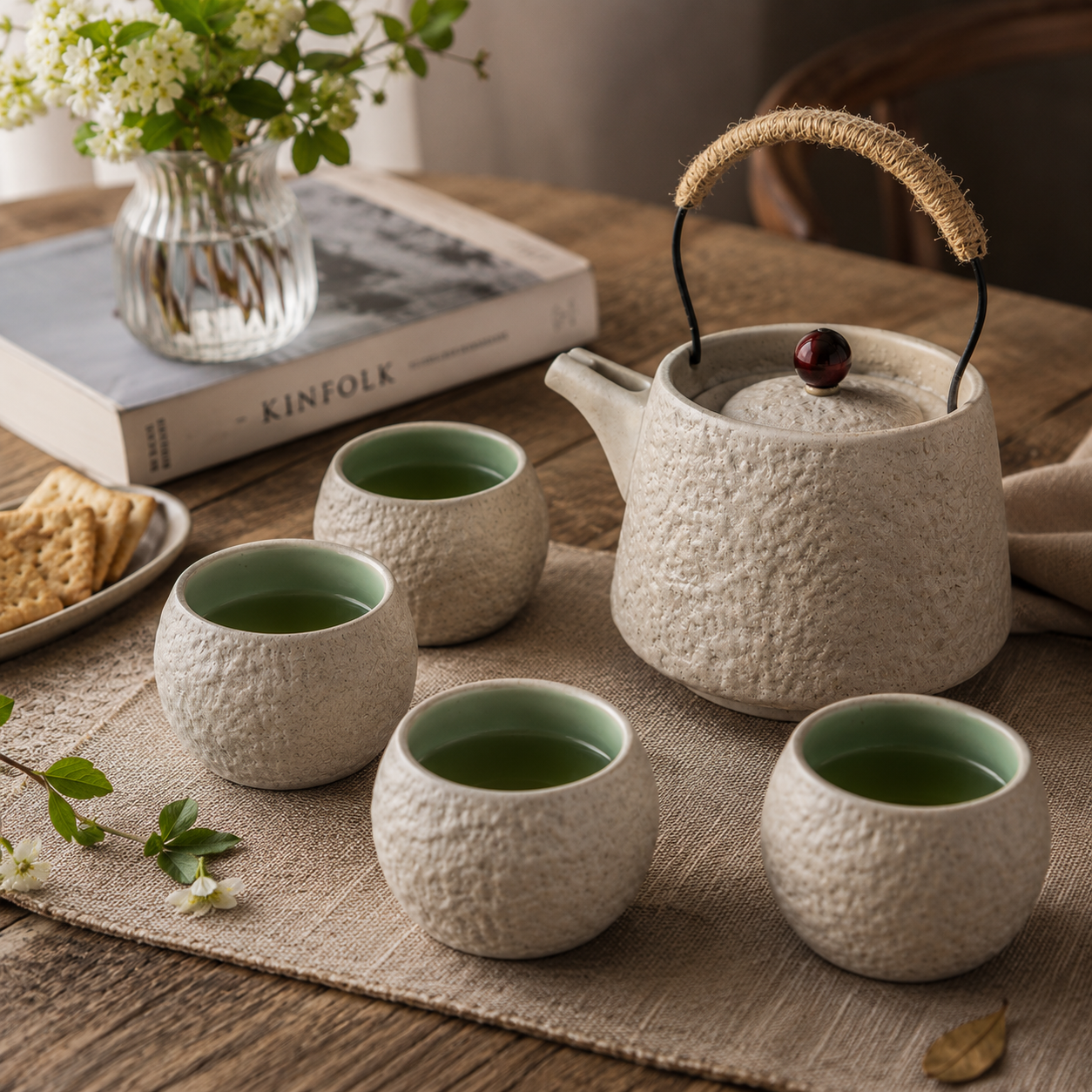 Japanese Handcrafted Stoneware Tea Set - Teapot with 4 Cups