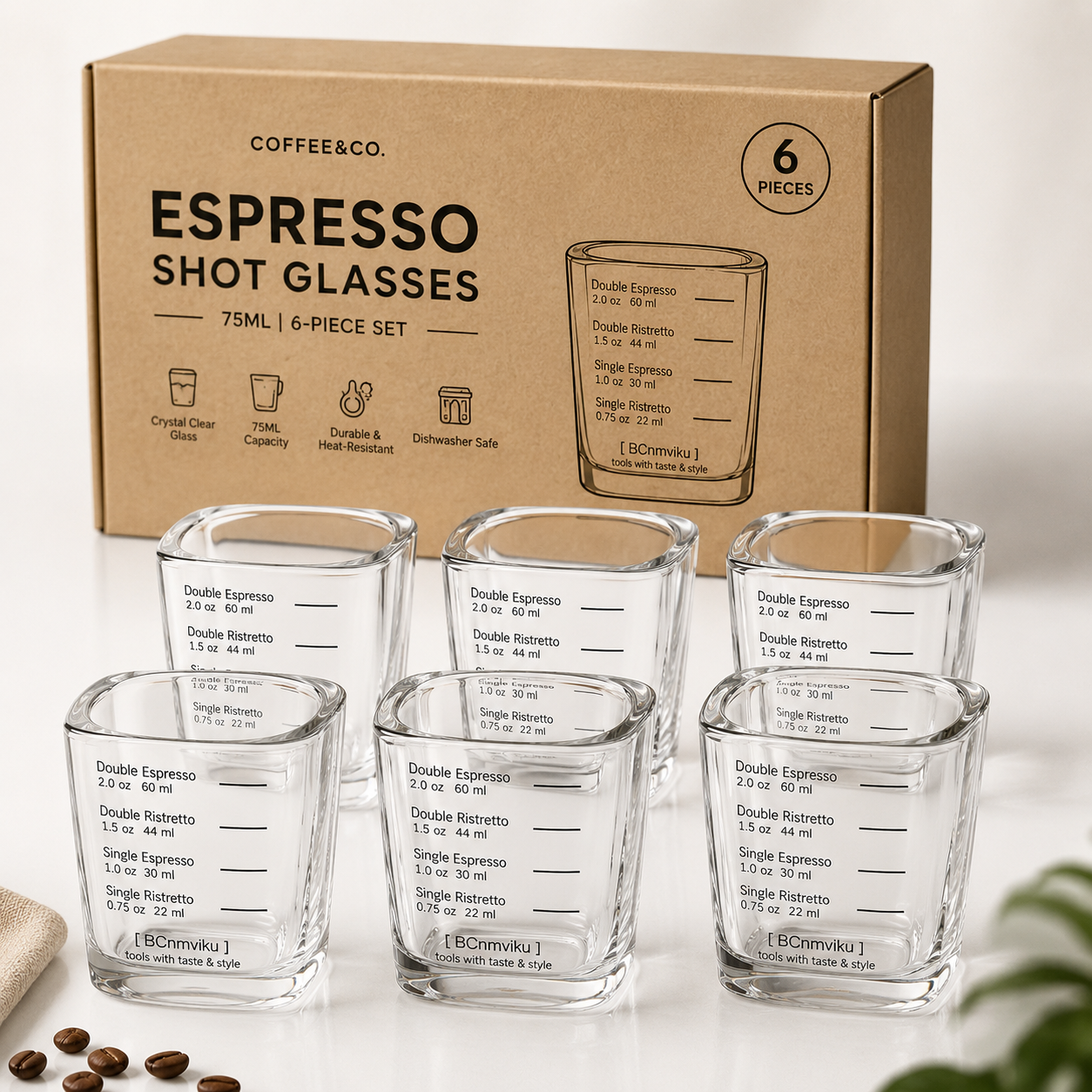 Premium 75ML Crystal Espresso Shot Glass Set – Pack of 6 Clear Cups Coffee&Co