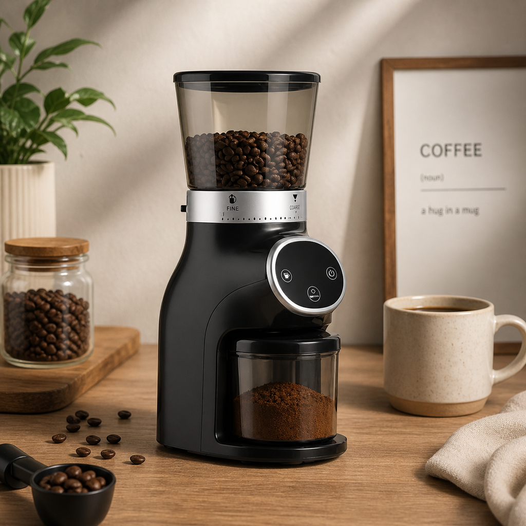 Italian Stainless Steel Electric Coffee Grinder – Conical Burr Design with Adjustable Grind Settings & Digital LED Panel