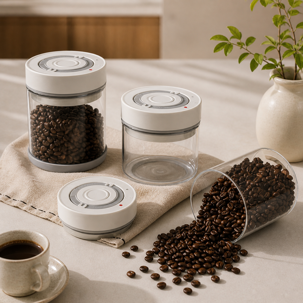 Smart Electric Vacuum Coffee Canister 600ml – Airtight Borosilicate Glass Storage with One-Touch Seal