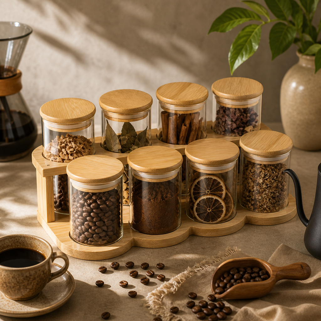 Airtight Glass Coffee Storage Jar Set – Borosilicate Canisters with Bamboo Lids (240ml Each)
