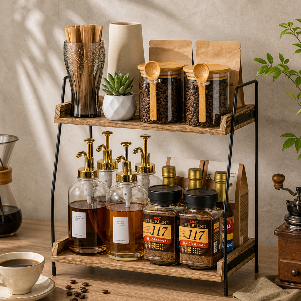 2 Tier Bamboo Coffee Station Organizer Shelf